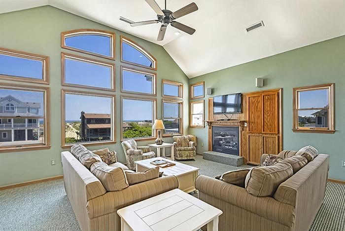 Open concept main space in a semi-oceanfront Outer Banks Beach Rental Home in Corolla, North Carolina.